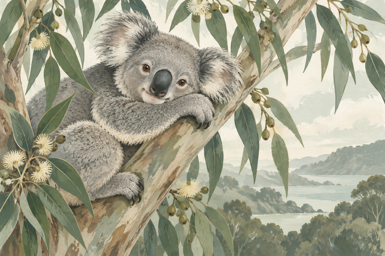 charming koala resting among eucalyptus branches, sophisticated gouache illustration, sage olive and warm grey on cream